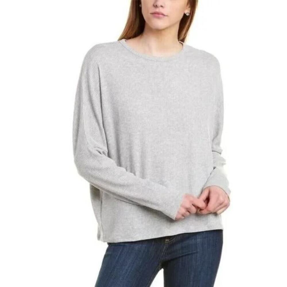 Socialite Womens Crew Neck Dolman Long Sleeve Ribbed Knit Top in Heather Grey XS
